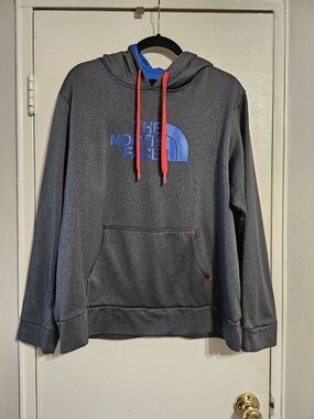 The North Face Gray Hoodie with Blue Logo and Red Drawstrings